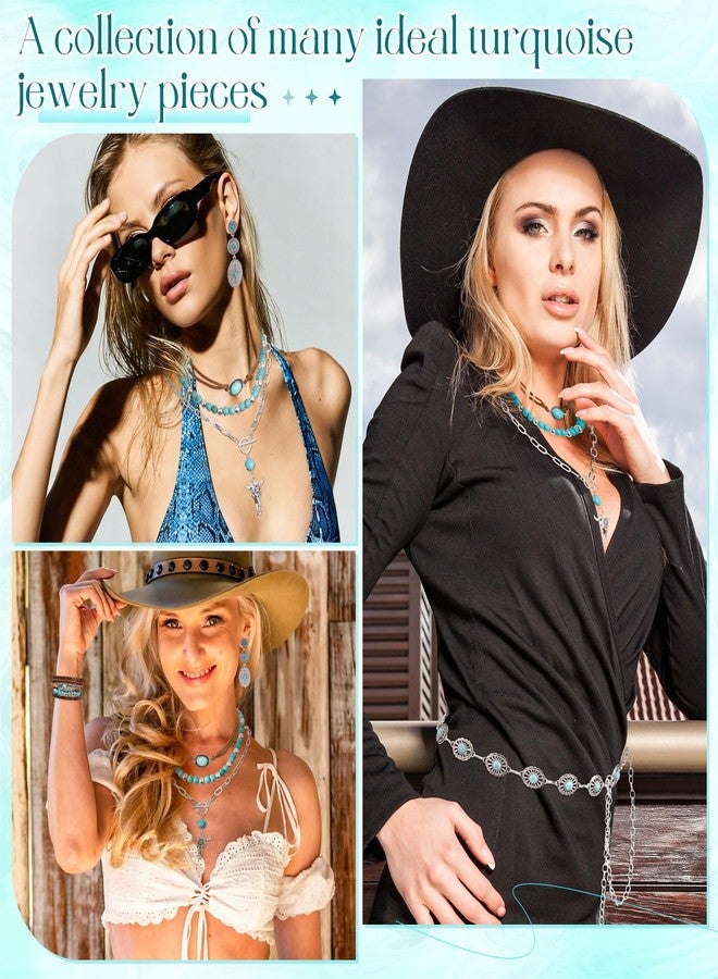 مجموعة مجوهرات ميسداري الغربية المكونة من 6 قطع من الفيروز للنساء، بتصميم بوهيمي مستوحى من رعاة البقر، تتضمن قلادة وأقراط كونشو وأساور بإبزيم وسلسلة عتيقة قابلة للتعديل، بالإضافة إلى إكسسوارات ريفية. - Image 3